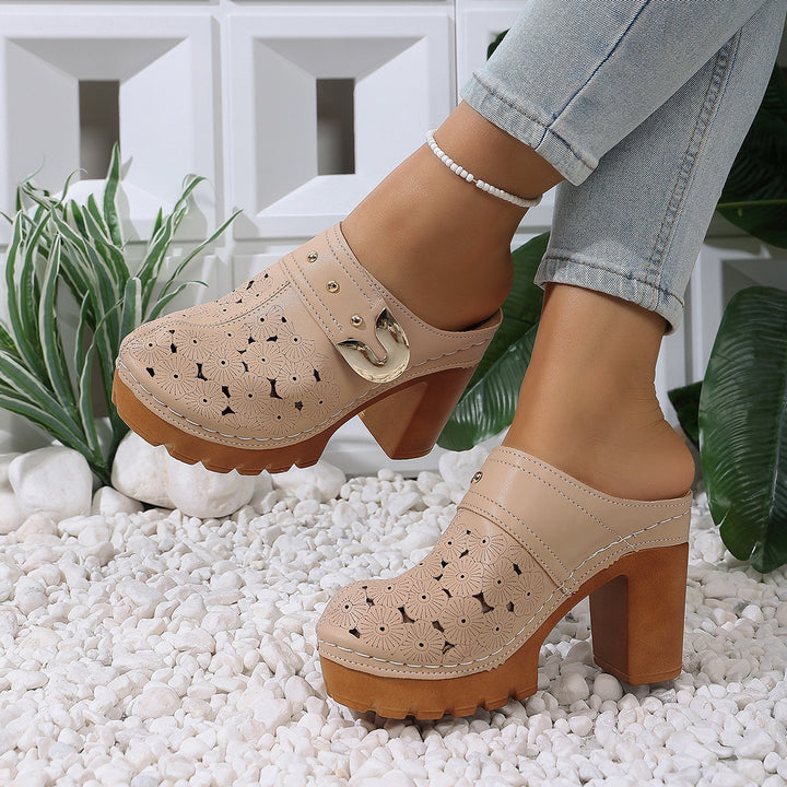 Damen Plateau-Clogs mit floralem Perforationsmuster, dekorativer Metallschnalle und hohem Blockabsatz Drune