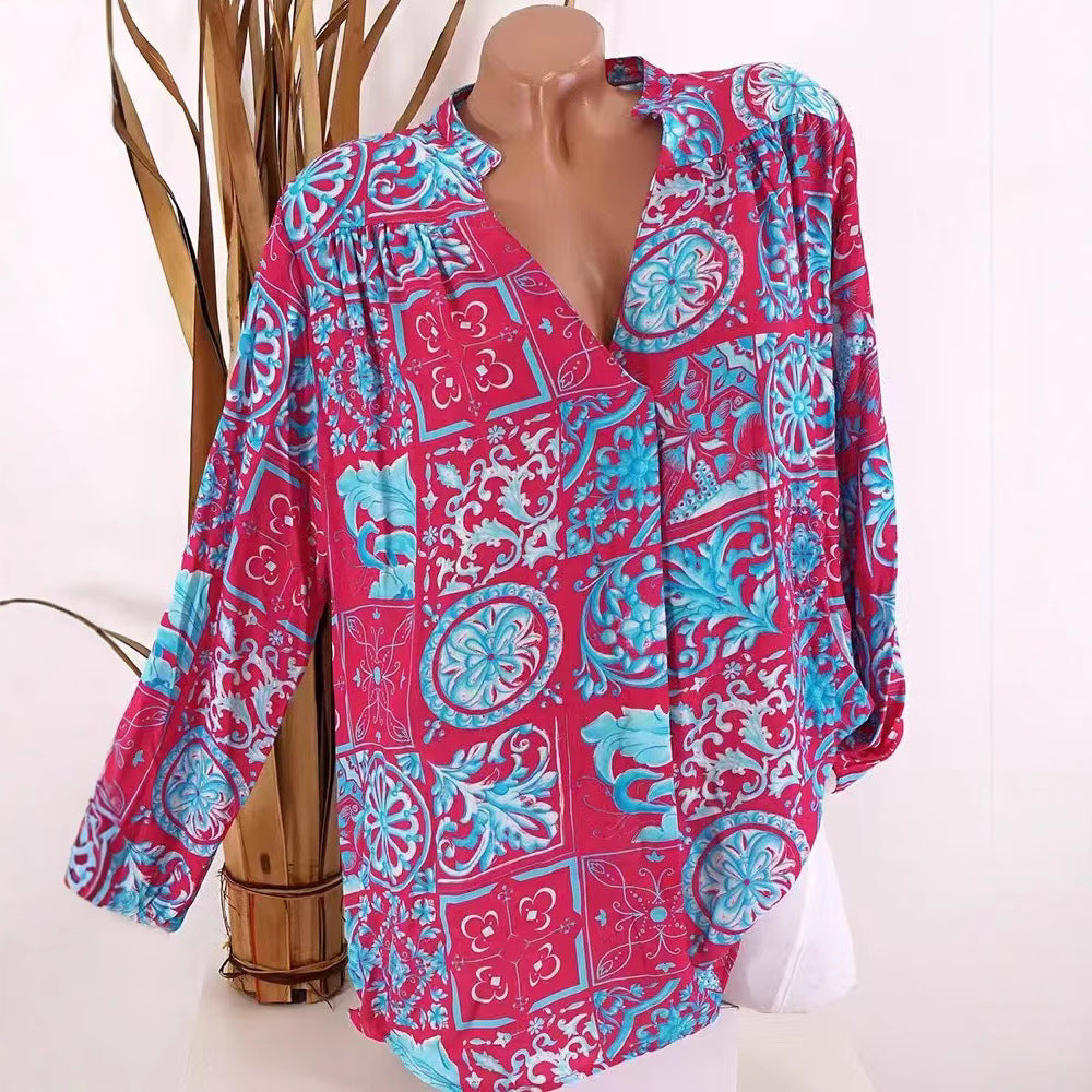 Damen nan Viskose-Tunika-Bluse mit V-Ausschnitt, Stehkragen und gerafften Schultern Drune