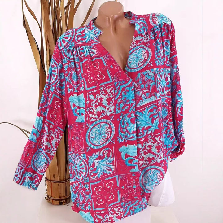 Damen nan Viskose-Tunika-Bluse mit V-Ausschnitt, Stehkragen und gerafften Schultern Drune