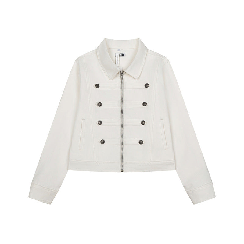 Damen kurze Jeansjacke im Military‑Stil mit Doppelreihen‑Knöpfen Drune