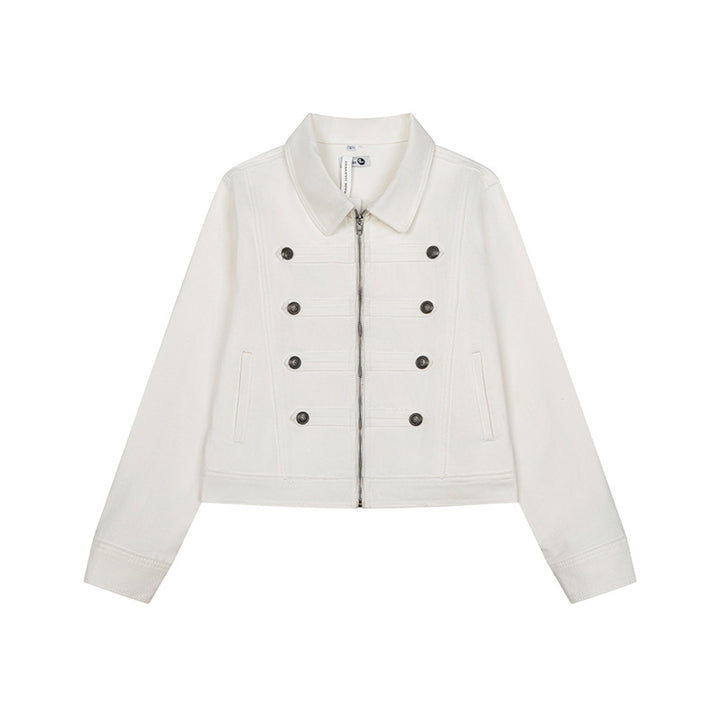 Damen kurze Jeansjacke im Military‑Stil mit Doppelreihen‑Knöpfen Drune