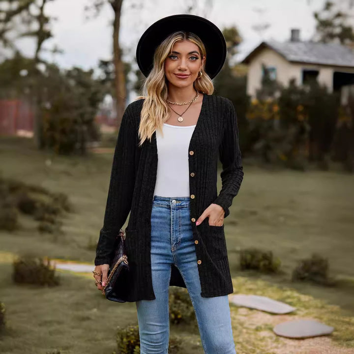 Damen Lang geschnittene Rippstrick‑Cardigan mit Knopfleiste und Eingrifftaschen Drune