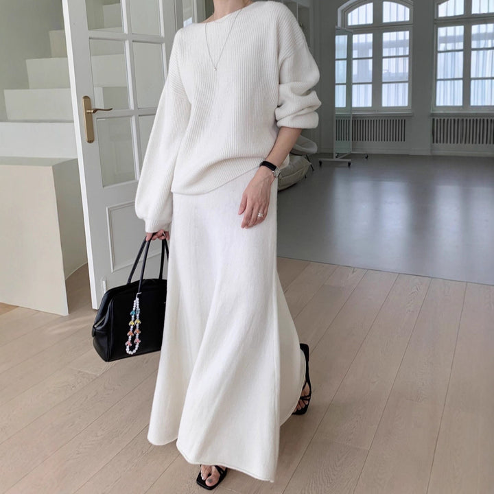 Damen Strick-Set aus Oversize-Ripp-Pullover und fließendem Maxirock Drune