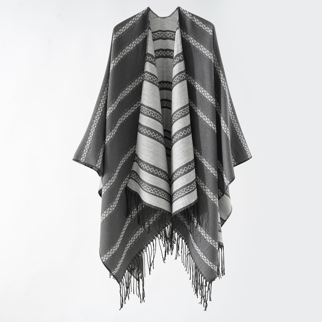 Damen Langer Webponcho im Cape-Stil mit Streifen-Jacquard und Fransen Drune