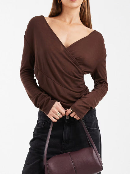 Damen Figurbetontes Wickelshirt mit V-Ausschnitt und Raffung Drune