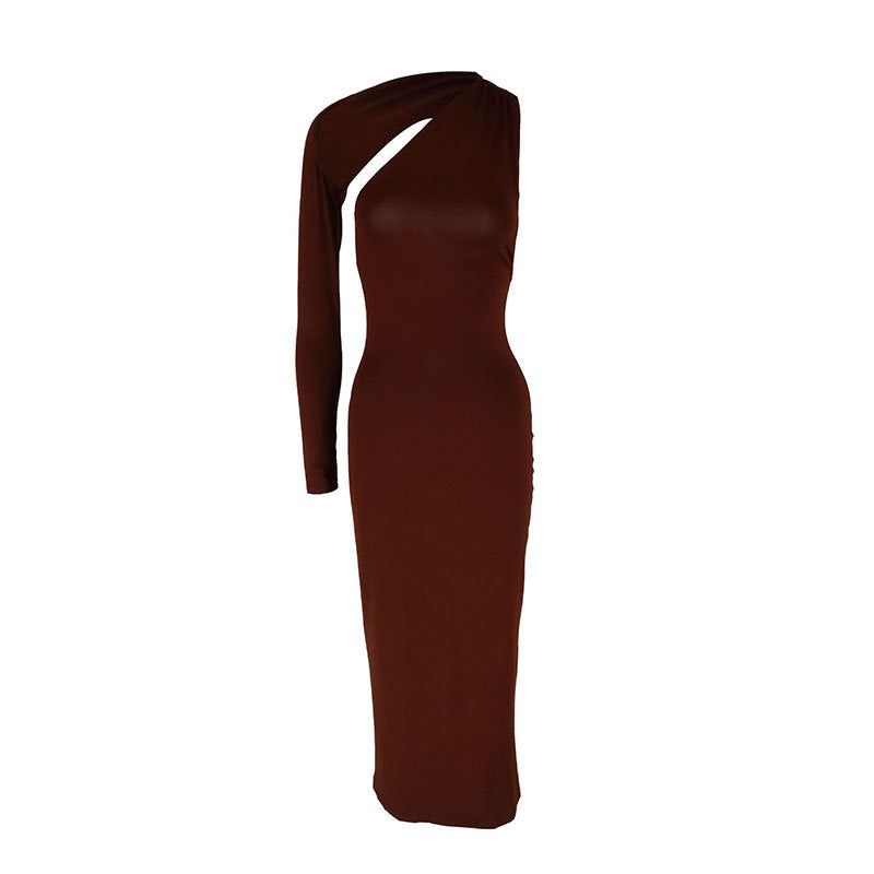 Damen Elegantes asymmetrisches Maxikleid mit einem Ärmel und figurbetonter Silhouette Drune