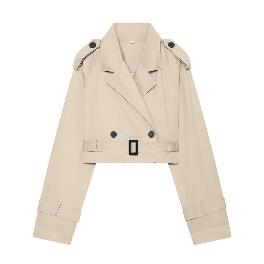 Damen Cropped-Trenchcoat mit doppelreihiger Knopfleiste, Schulterklappen und Taillengürtel Drune
