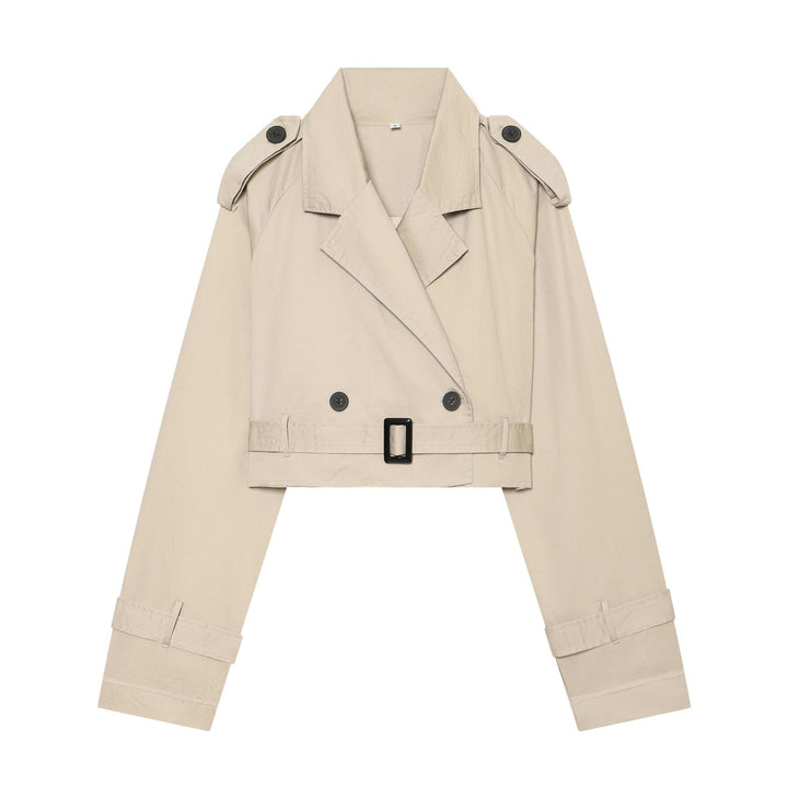 Damen Cropped-Trenchcoat mit doppelreihiger Knopfleiste, Schulterklappen und Taillengürtel Drune