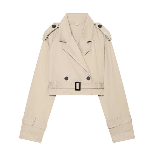 Damen Cropped-Trenchcoat mit doppelreihiger Knopfleiste, Schulterklappen und Taillengürtel Drune
