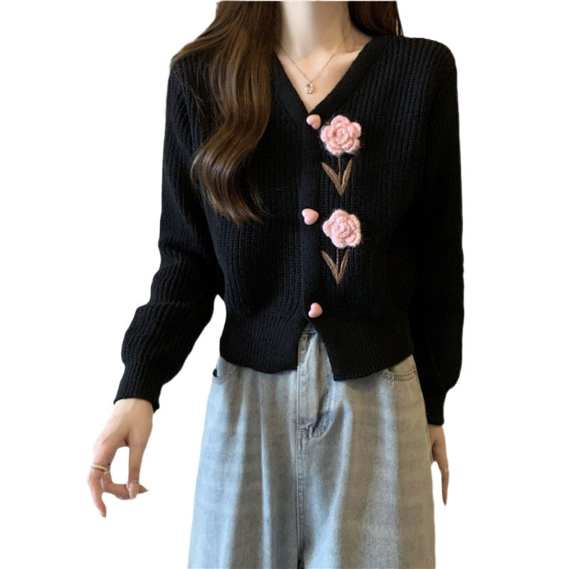 Damen Strickjacke mit floralen Applikationen und V-Ausschnitt Drune