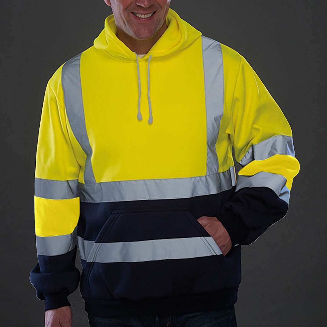Herren reflektierende Sicherheits-Hoodie mit kontrastreichen Reflektorbändern, Kängurutasche und verstellbarer Kapuze Drune