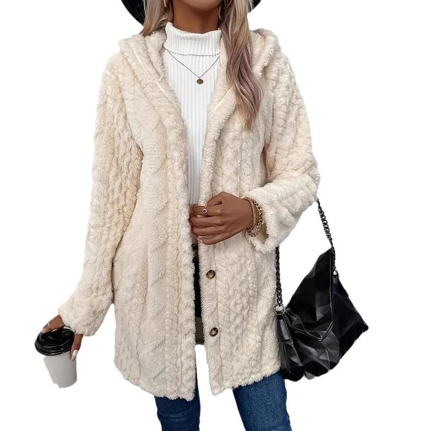 Damen nan kuschelige Teddy-Mantel mit Kapuze, Knopfleiste und Taschen Drune