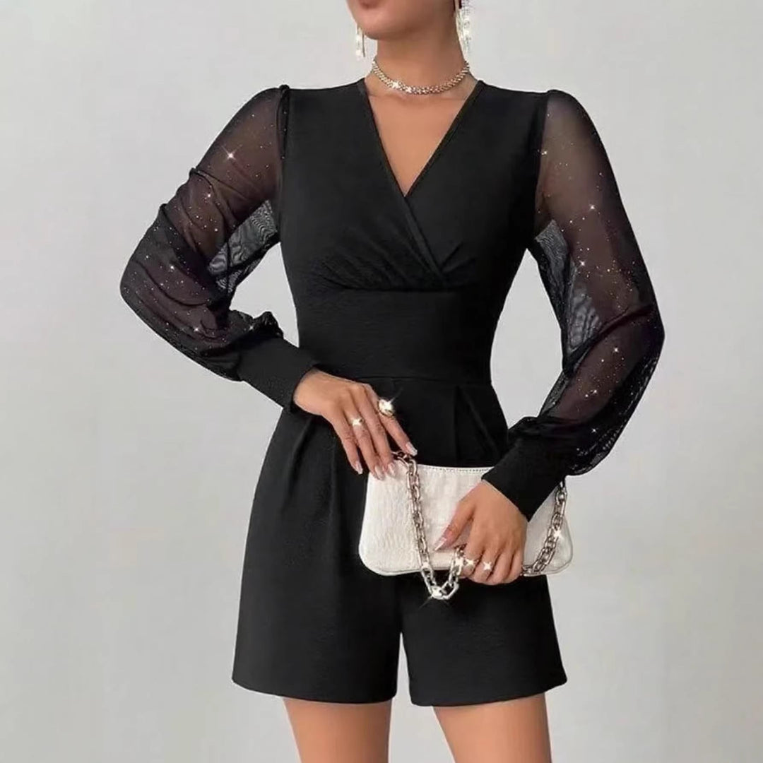 Damen eleganter Jumpsuit mit transparenten Puffärmeln und V-Ausschnitt Drune