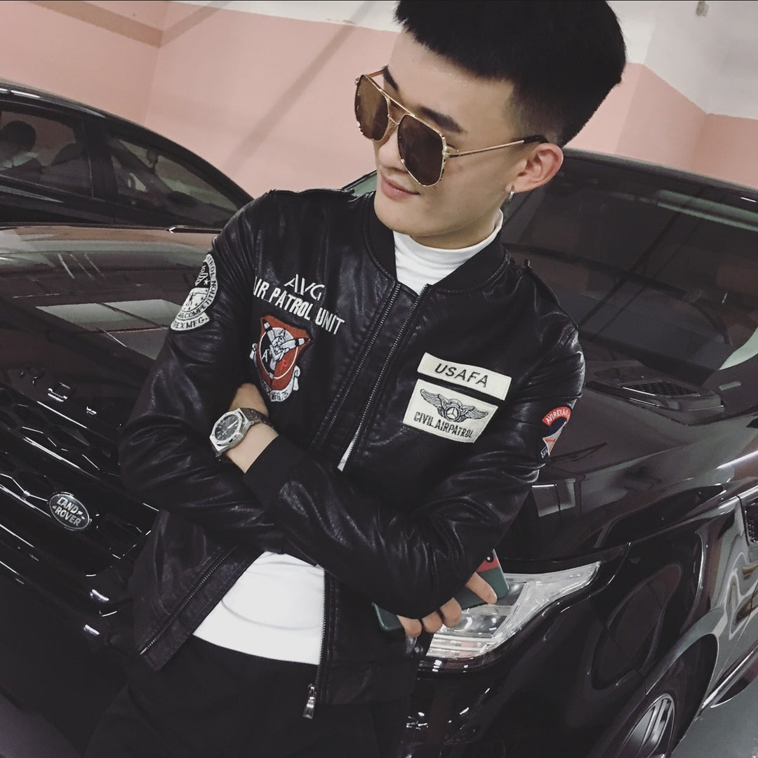 Herren Modische Kunstlederjacke mit kreativen Applikationen Drune