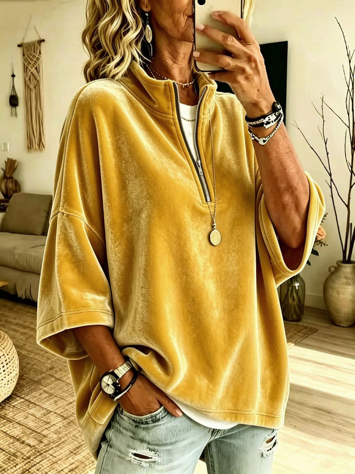 Damen Oversize Samt-Pullover mit kurzem Reißverschluss und Stehkragen Drune