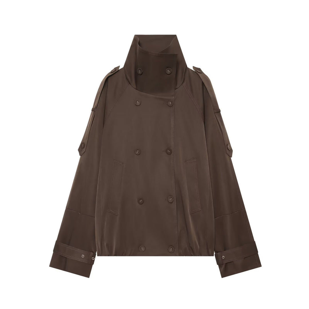 Damen Kurzgeschnittener Doppelreihiger Trenchcoat mit hohem Stehkragen und Cape-Ärmeln Drune