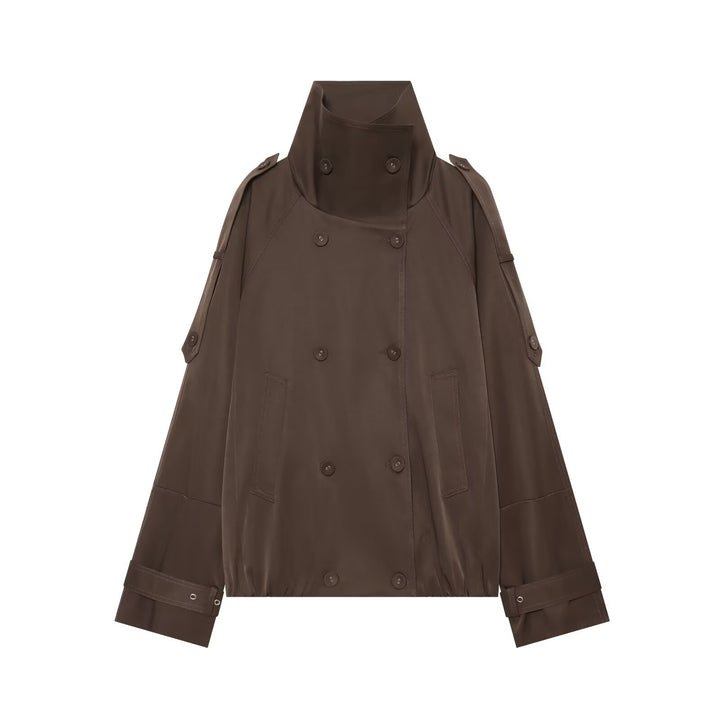 Damen Kurzgeschnittener Doppelreihiger Trenchcoat mit hohem Stehkragen und Cape-Ärmeln Drune