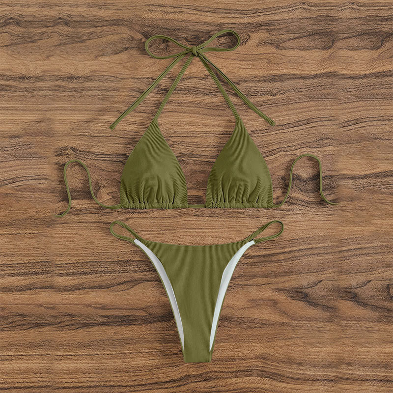 Damen Triangel-Bikini mit feinem Rippstruktur und verspielten Bindebändern Drune