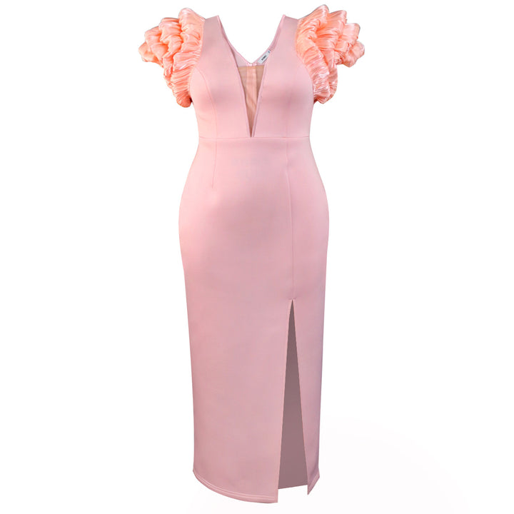 Damen Maxikleid mit extravagantem Volant und tiefem V-Ausschnitt Drune