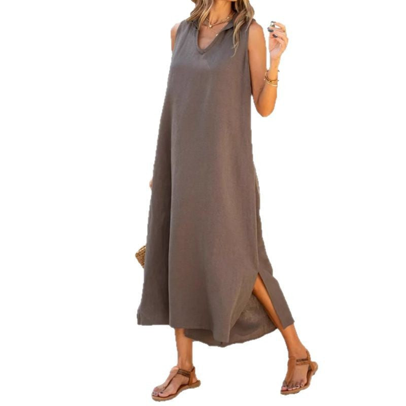 Damen ärmelloses Maxikleid mit tiefem V-Ausschnitt und seitlichen Schlitzen Drune