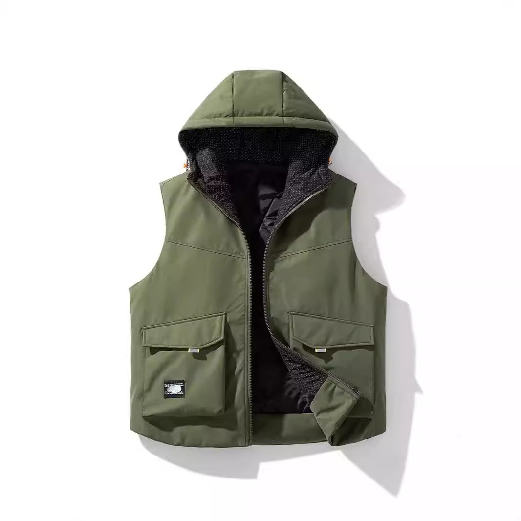 Herren Gefütterte Kapuzen-Utility‑Weste mit Multifunktions‑Taschen und winddichter Außenlage Drune