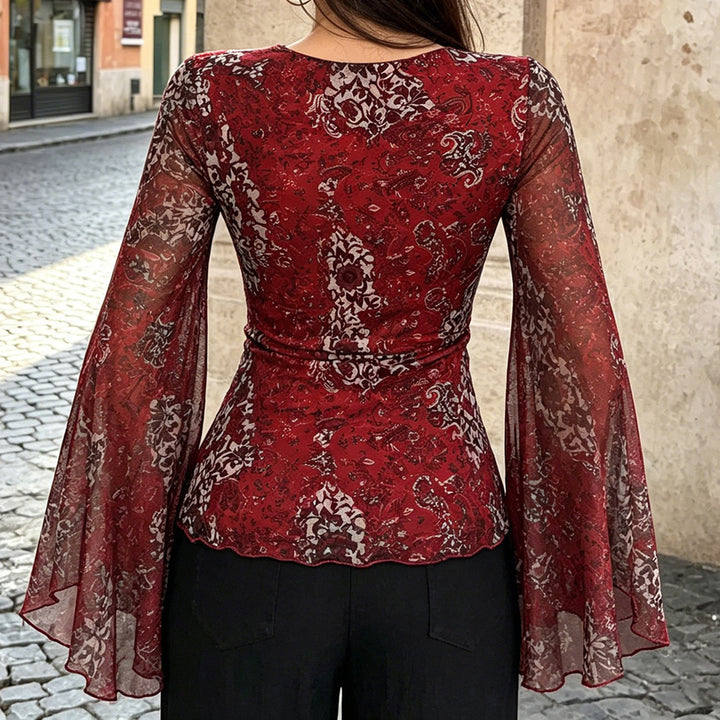 Damen Chiffonbluse mit tiefem V-Ausschnitt, ausgestellten Glockenärmeln und Paisley-Print Drune