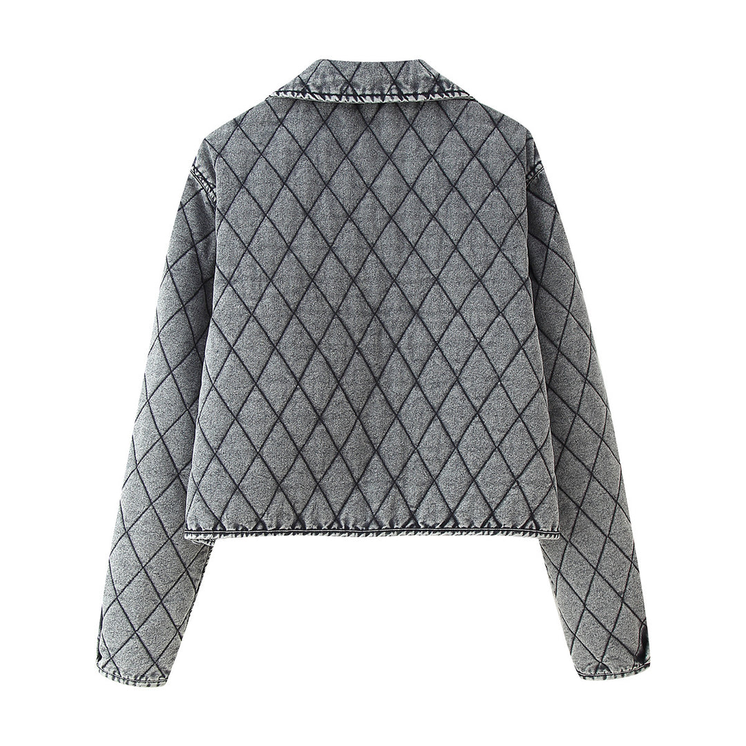 Damen nan kastige gesteppte Denim‑Optik Kurzjacke mit Rautenmuster und Bindebändern Drune