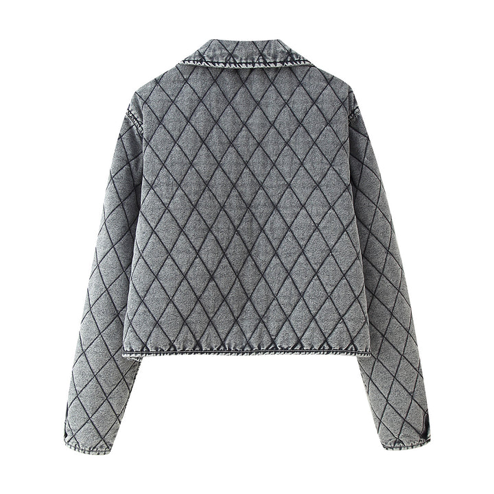 Damen nan kastige gesteppte Denim‑Optik Kurzjacke mit Rautenmuster und Bindebändern Drune