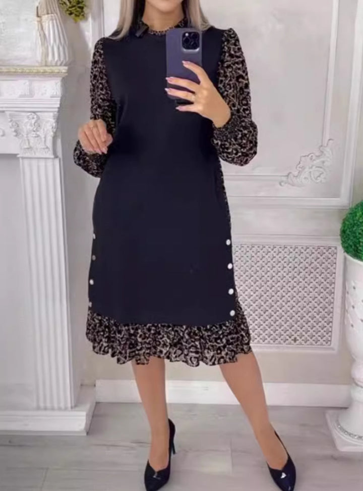Damen nan zweilagiges Chiffon-Midikleid mit transparenten Tierprint-Ärmeln, Rüschen-Saum und seitlicher Knopfleiste Drune