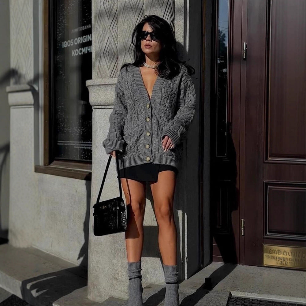 Damen Oversize Zopfmuster-Strickcardigan mit V‑Ausschnitt und aufgesetzten Taschen Drune