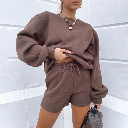Damen lässiger Fleece-Sweater und Shorts Set Drune