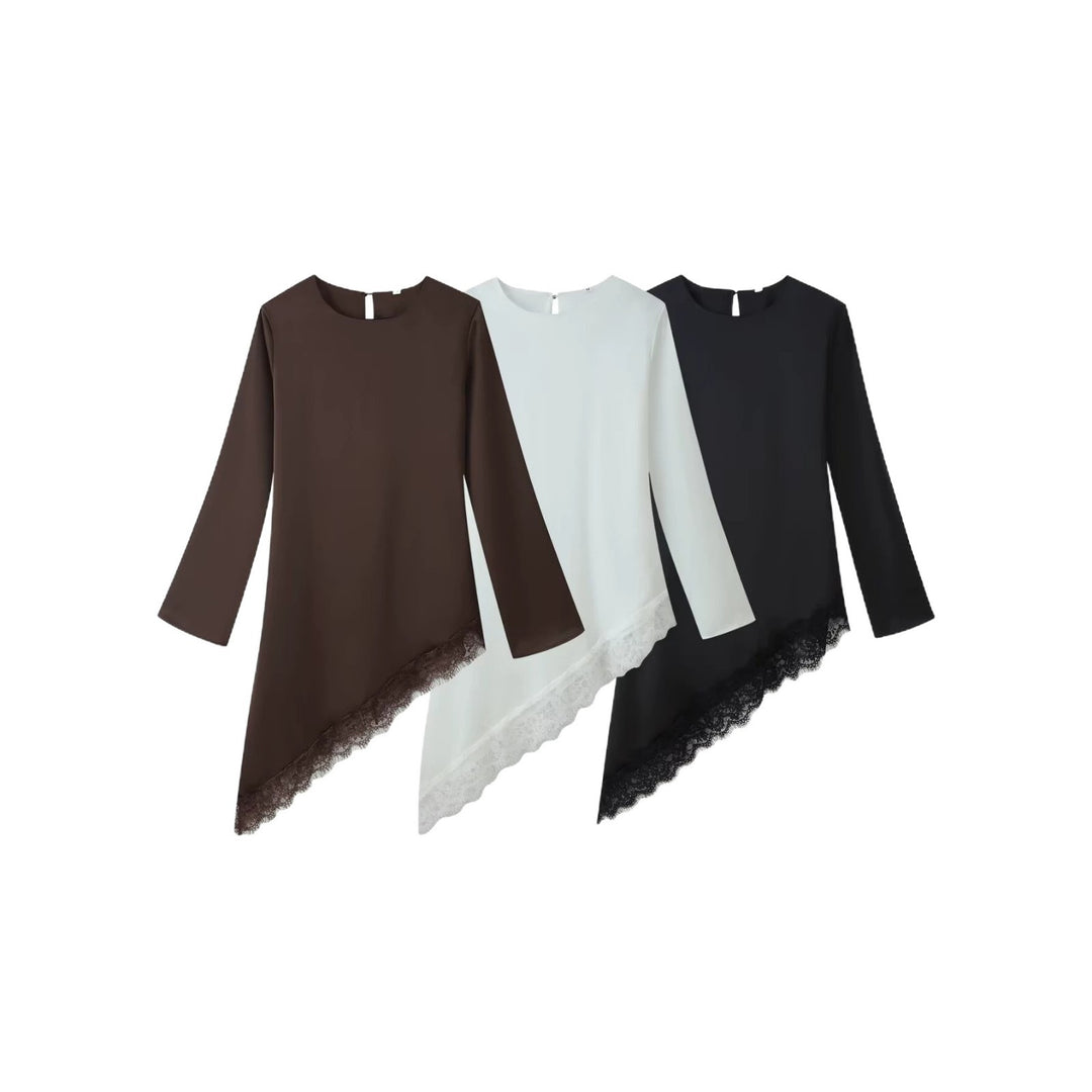 Damen Asymmetrische Tunika mit Spitzensaum und Langarm Drune