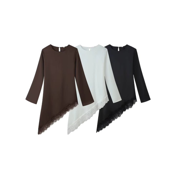 Damen Asymmetrische Tunika mit Spitzensaum und Langarm Drune