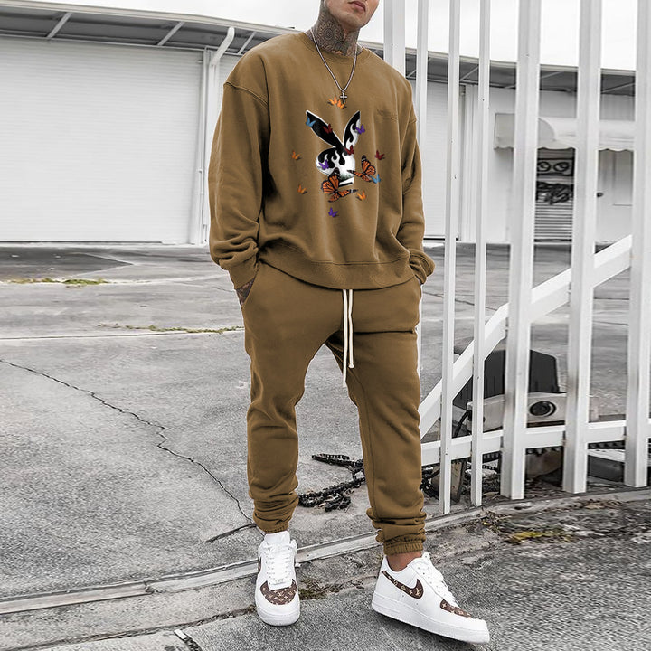 Herren Weit geschnittenes Freizeit-Set aus Baumwollfleece mit grafischem Frontprint und Kordel-Jogger Drune