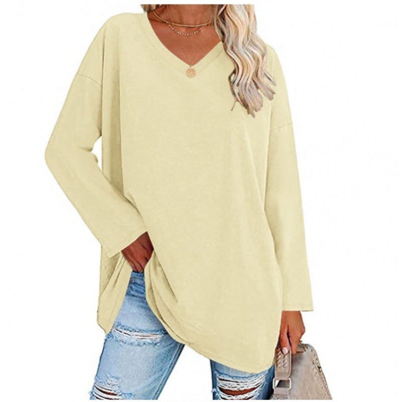 Damen Lässiges V-Ausschnitt Sweatshirt mit langen Ärmeln und asymmetrischem Saum Drune