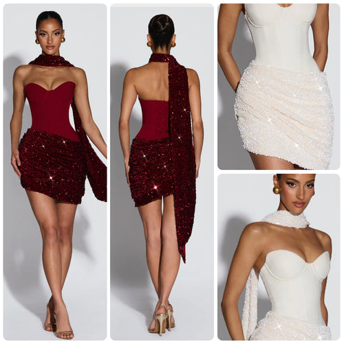 Damen Glamouröses Minikleid mit figurbetontem Bustier-Oberteil und eindrucksvollem Paillettenrock Drune