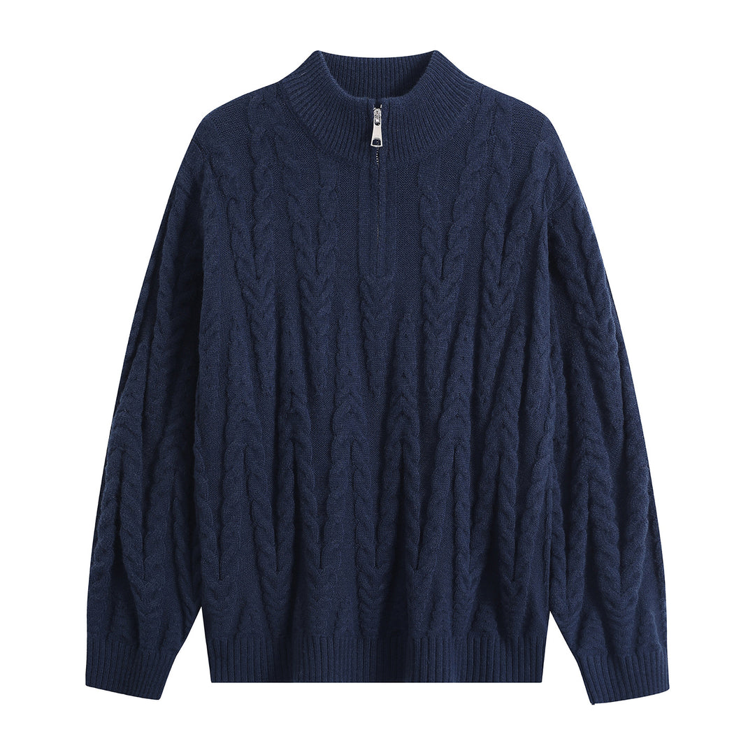 Herren Grobstrick-Halbzip-Pullover im Oversize-Zopfmuster mit hohem Rippkragen Drune