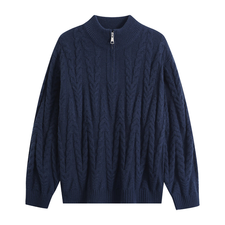 Herren Grobstrick-Halbzip-Pullover im Oversize-Zopfmuster mit hohem Rippkragen Drune