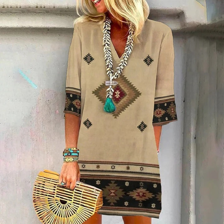 Damen Boho Tunika Kleid mit V-Ausschnitt, 3/4 Ärmeln und geometrischem ethnischem Druck Drune