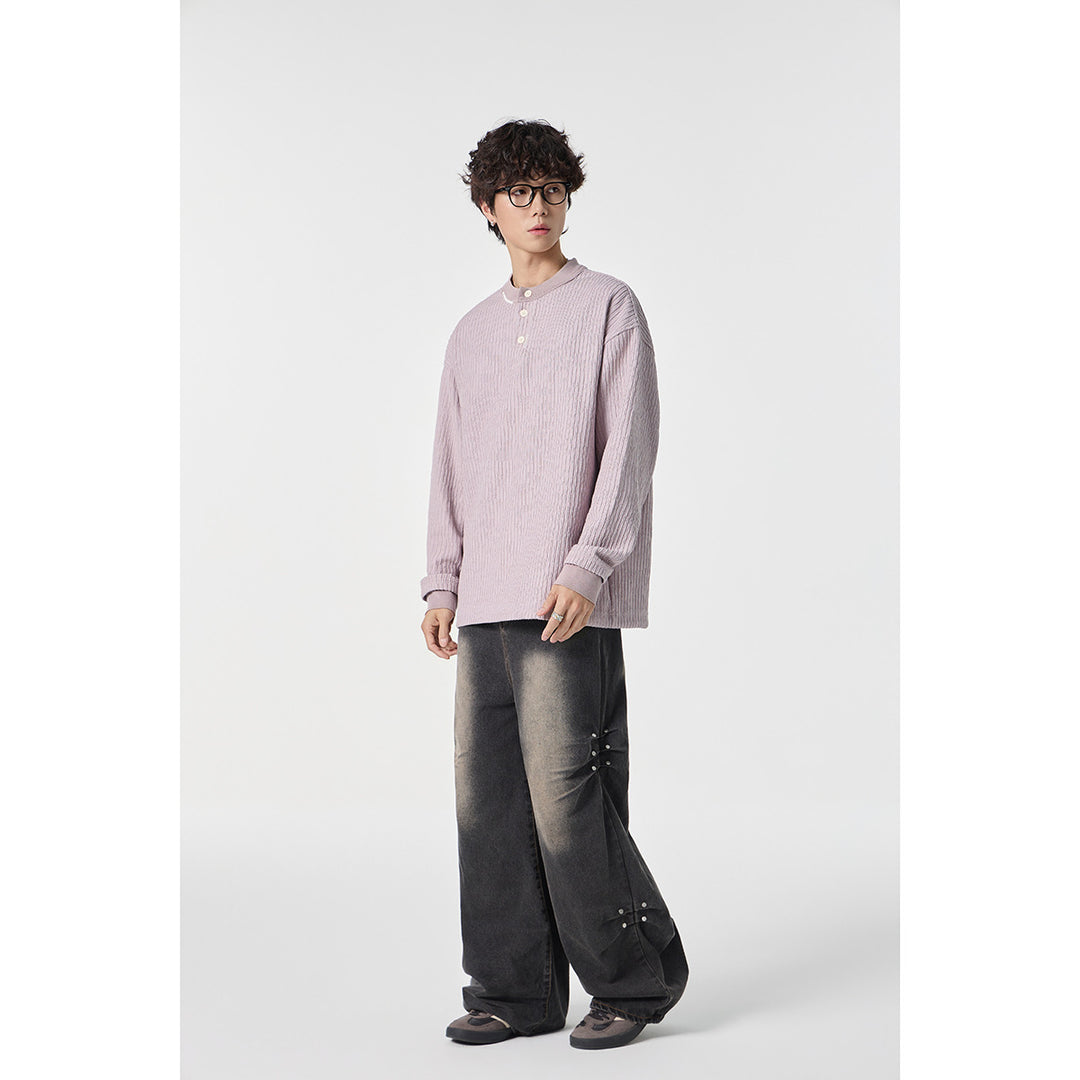 Unisex Gerippter Oversize-Henley-Pullover mit Knopfleiste Drune