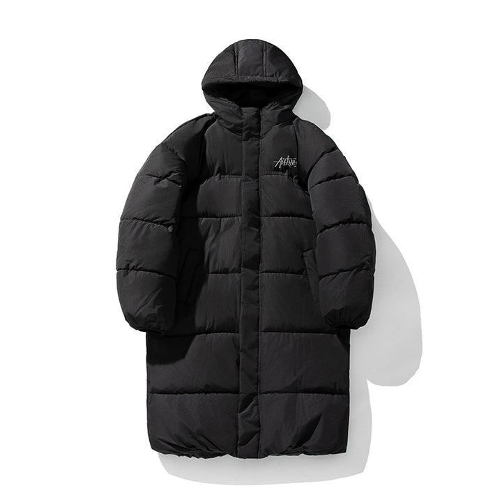 Unisex Langer Boxy‑Steppmantel mit Kapuze, Thermoisolierung und verstellbarem Saum Drune