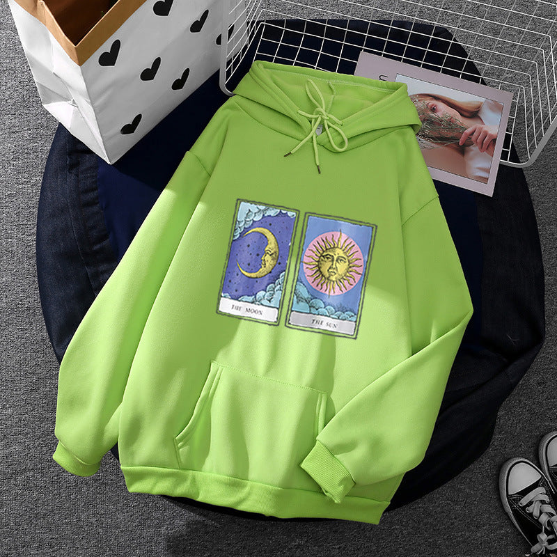Damen nan leichter Oversize Kapuzenpullover mit Herz‑EKG‑Motiv, langen Kordeln und elastischem Bund Drune