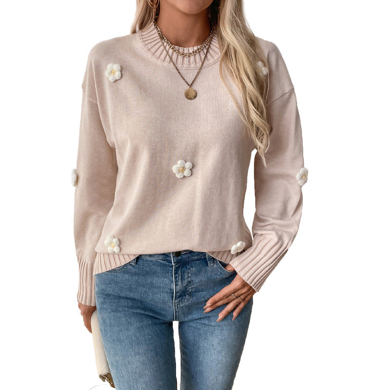 Damen Lässiger Rundhals-Pullover mit 3D-Blüten-Applikationen und gerippten Bündchen Drune