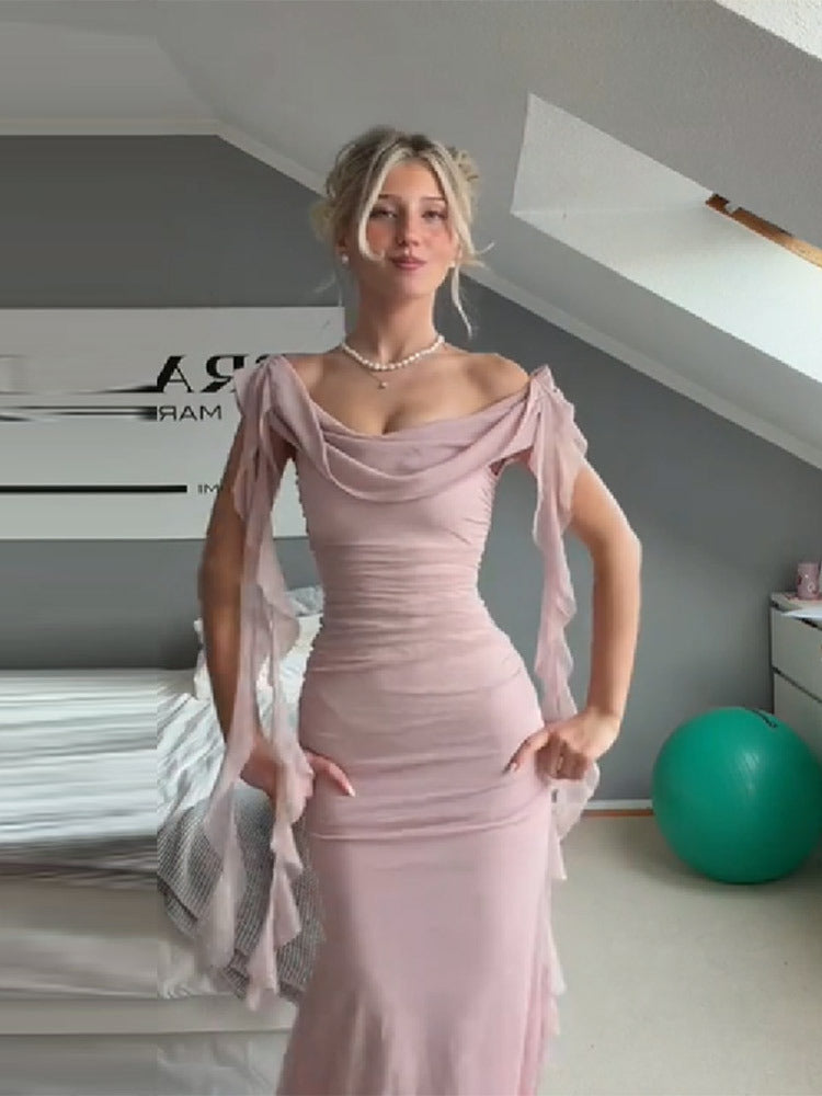 Damen Elegantes Maxikleid mit drapierten Ärmel und figurbetontem Schnitt Drune