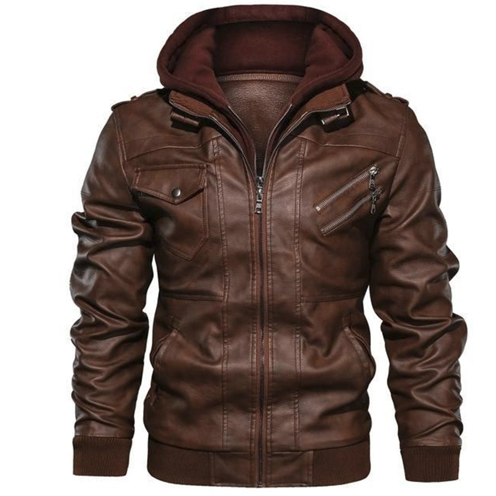 Herren Lederoptik-Utility-Jacke mit Kapuze, Reißverschlusstaschen und Rippbündchen Drune