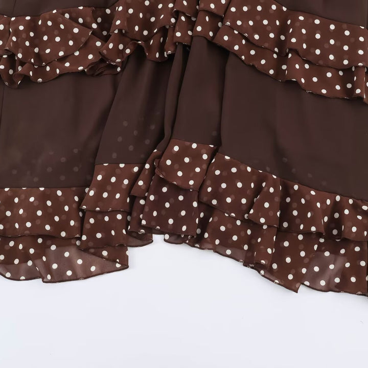 Damen verspieltes Midi-Tiered-Kleid mit Rüschenkragen, Bindeband und Volantstufen Drune
