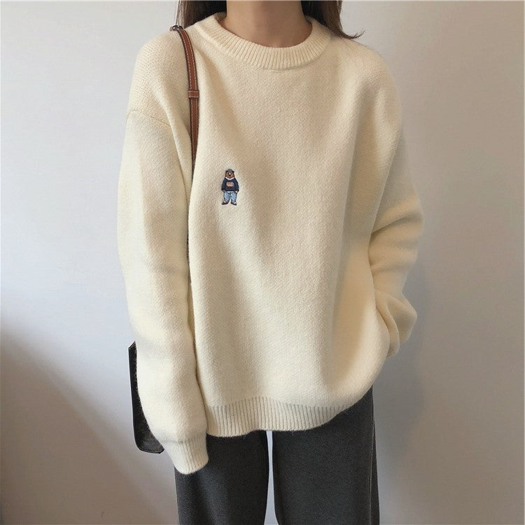 Damen Kuscheliger Basic Pullover mit niedlichem Stickmotiv Drune