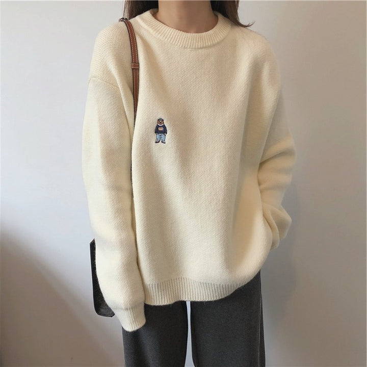 Damen Kuscheliger Basic Pullover mit niedlichem Stickmotiv Drune