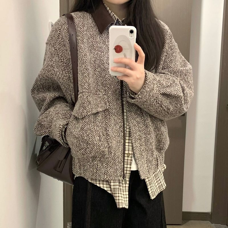 Damen lässige Wolljacke mit Karomuster Drune
