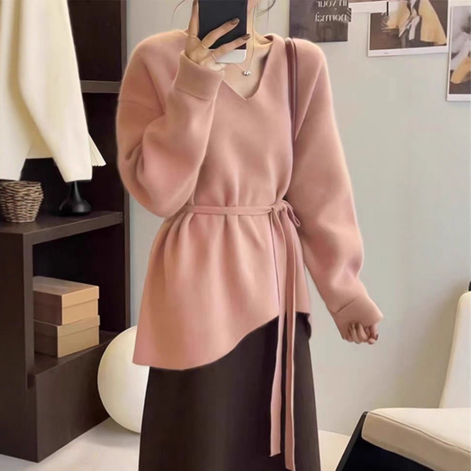 Damen Strickjacke mit Taillengürtel und V-Ausschnitt Drune